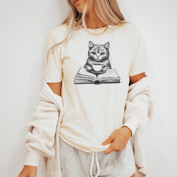 Cat Reading Book Coffee Shirt Cozy Kitten Tee Book Lover Gift Cat with Book and - Picture 3 of 6